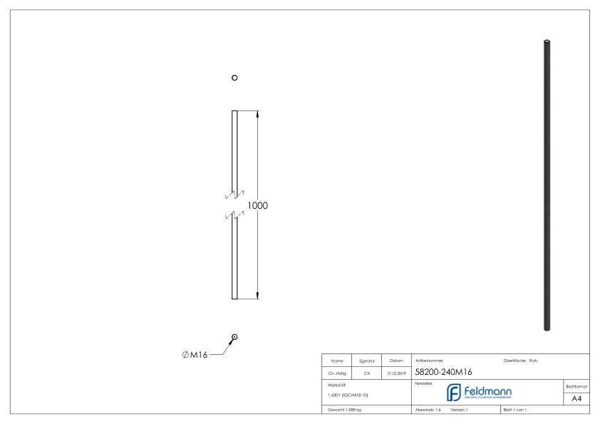 Gewindestange V2A L:1m, M16 Rechtsgewinde