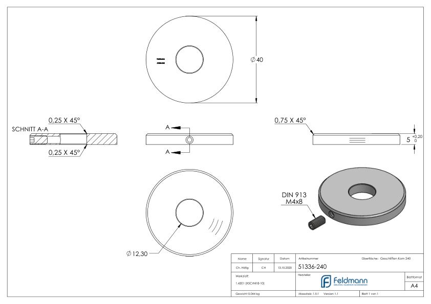 Abdeckscheibe 40x5mm, mit Rundschliff und Fase, Bohrung 12,3mm, V2A