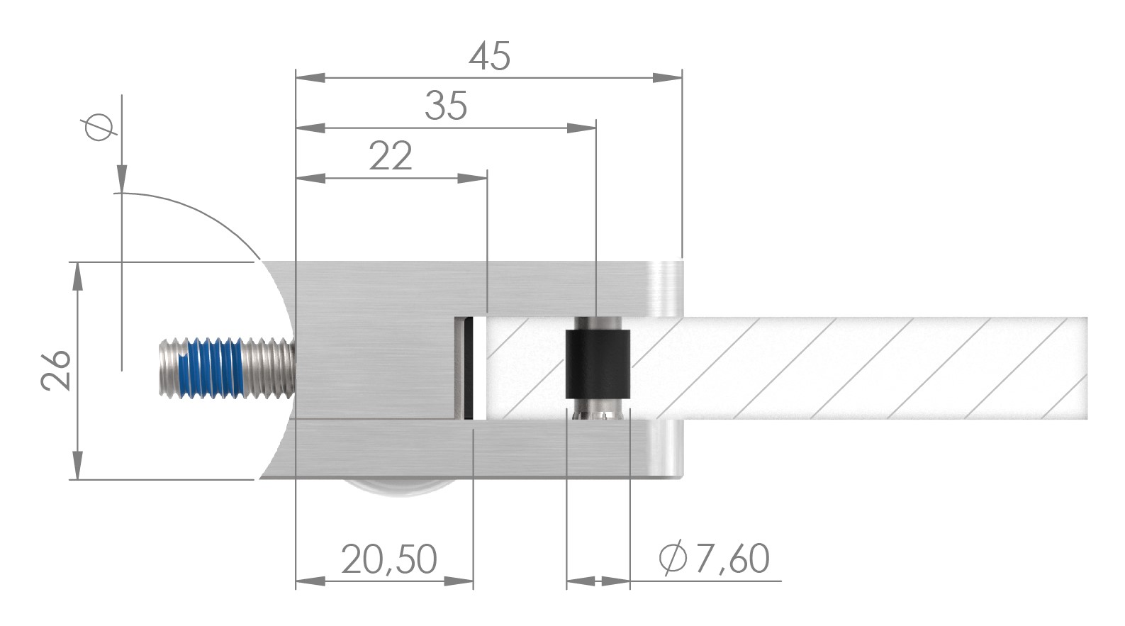 Glasklemme Mod. 31, Anschluss: 42,4mm, VA-Effekt