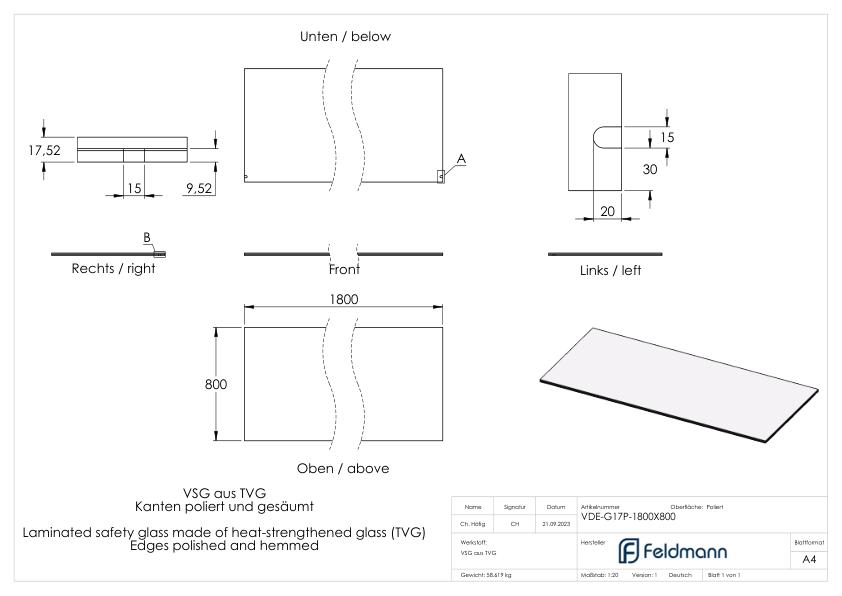 Eleganza canopy Glas: 1800x800mm VSG aus 2x8mm TVG mit 1,52mm PVB