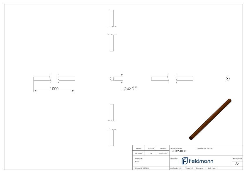 Holzhandlauf Eiche, Ø 42mm, L: 1m