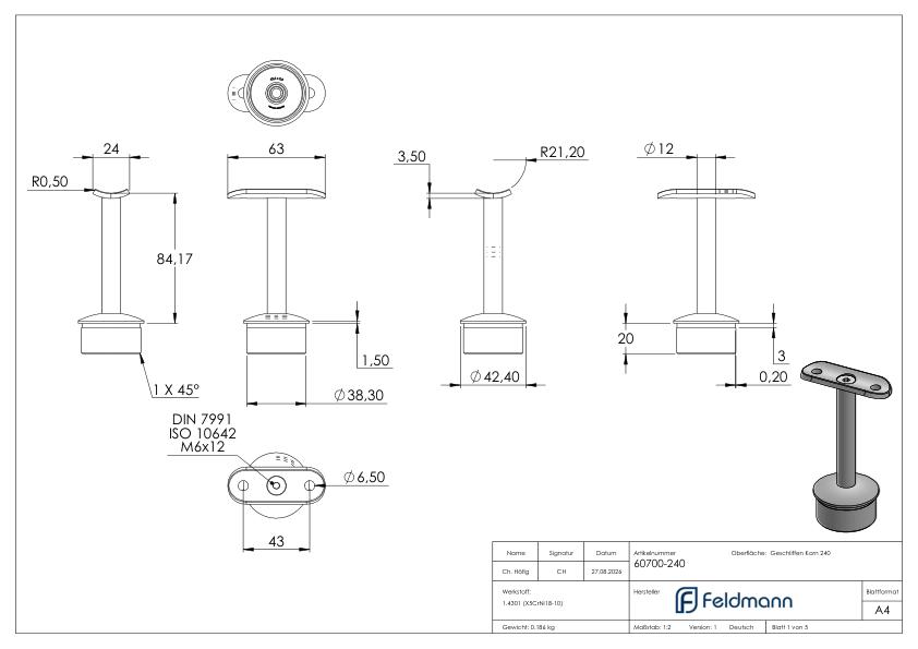 Rohrabschlussstopfen für Rohr 42,4x2,0mm, Handlaufanschlussplatte: 42,4mm, V2A