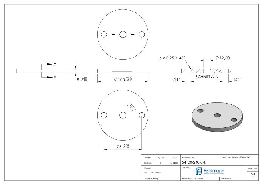 Ankerplatte Ø 100x8mm, mit Rundschliff, V2A