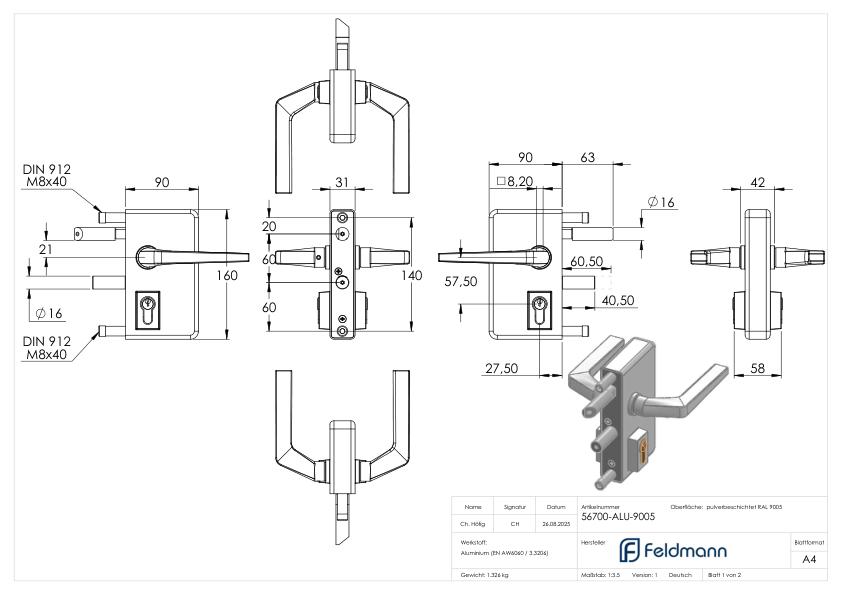 Gittertorschloss GTS 2 für Rohrstärke 40-60mm, Gehäuse RAL 9005 schwarz