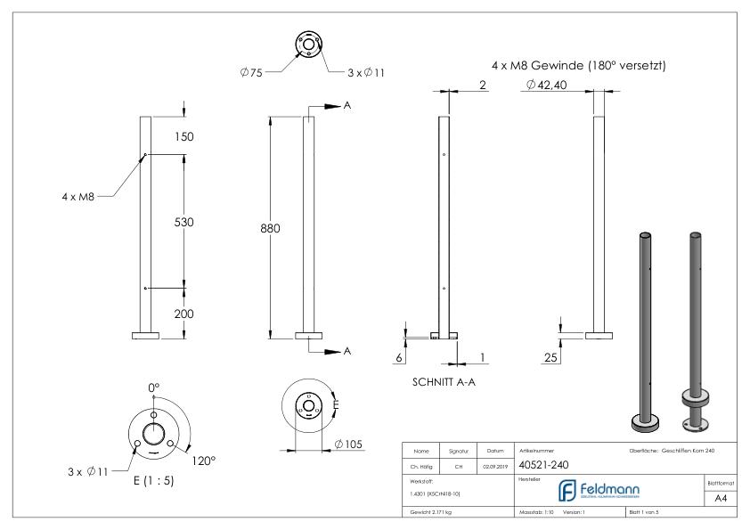 Edelstahlpfosten V2A zur Bodenmontage, H: 880mm