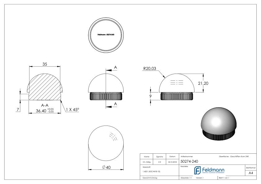 Rohrabschlussstopfen, für Rohr 40,0x2,0mm, V2A