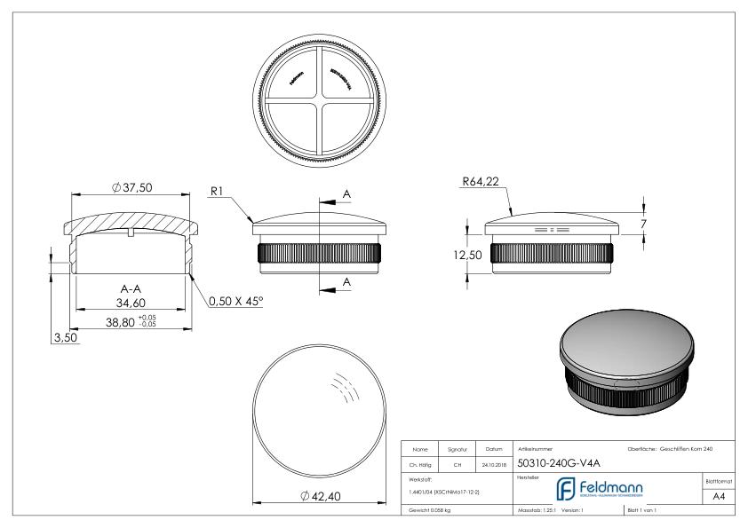 Rohrabschlussstopfen, für Rohr 42,4x2,0mm, V4A