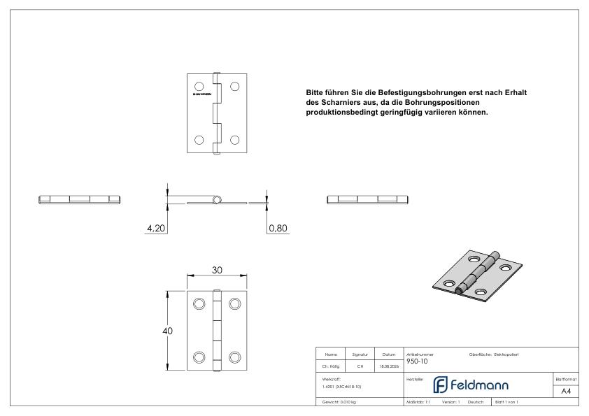 Edelstahl-Scharnier 40x30mm mit festem Zapfen
