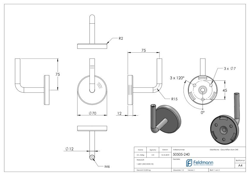 Handlaufhalter inkl. Cliprosette (Ronde und Bügel verschweißt), V2A