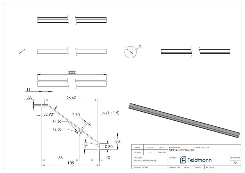 Design-Abdeckung für eleganza canopy, L: 3000mm, Aluminium roh