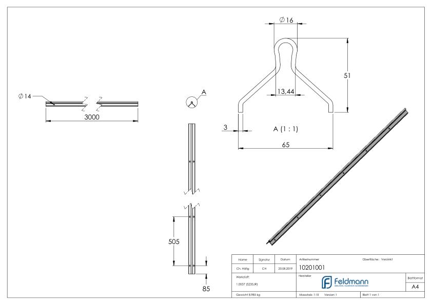 Laufschiene 16mm, L: 3000mm zum Einbetonieren
