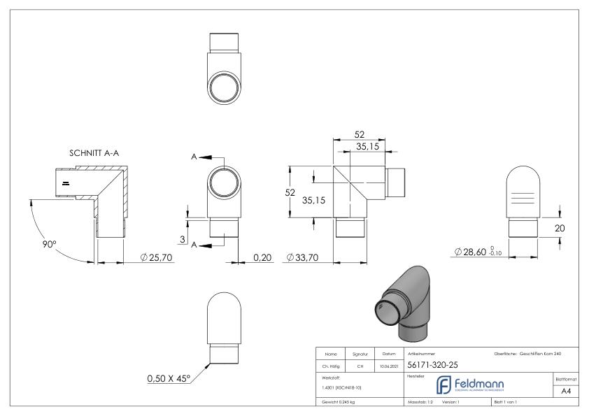 Eckstück 90°, für Rohr 33,7x2,5mm, V2A