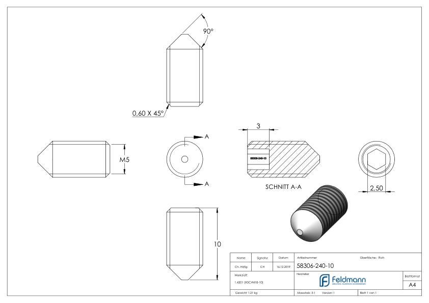 Gewindestift M5x10, V2A, DIN 914 / ISO 4027