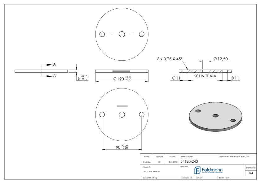 Ankerplatte Ø 120x6mm, mit Längsschliff, V2A