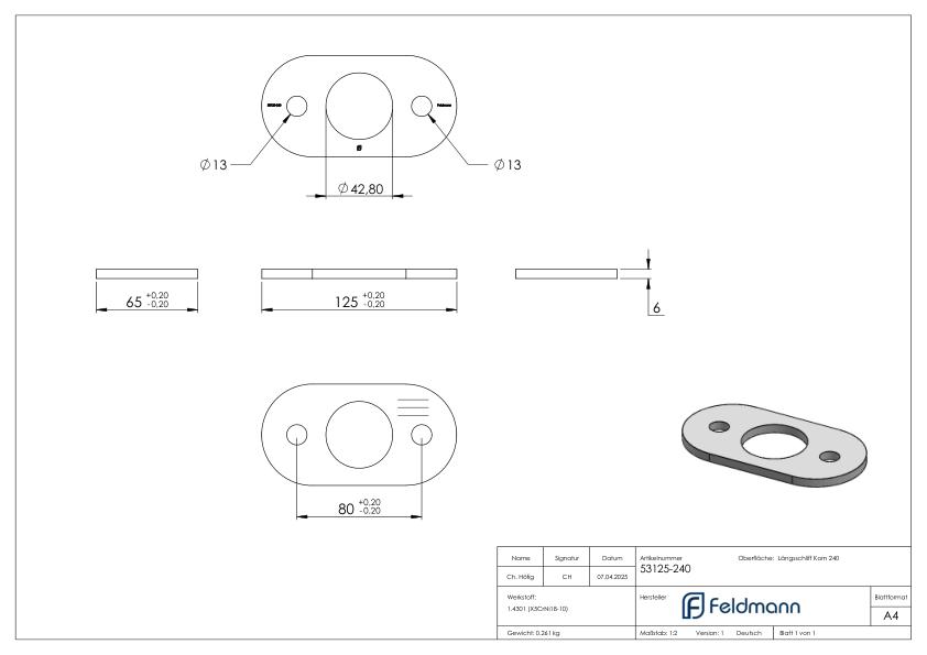 Ankerplatte, 125x65x6mm, mit Längsschliff, V2A