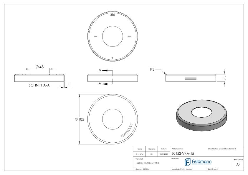 Abdeckrosette, 105x15mm, Bohrung 43mm, V4A