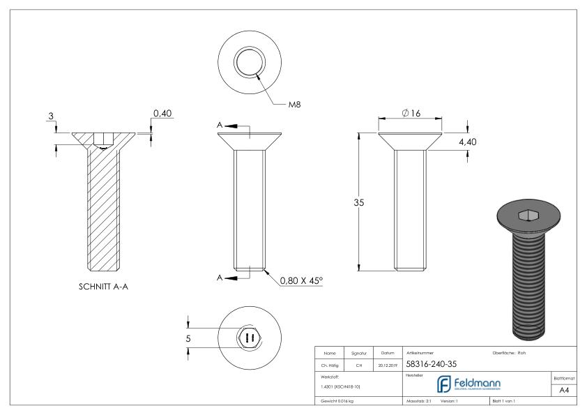 Senkkopfschraube M8x35, V2A, ISO 10642