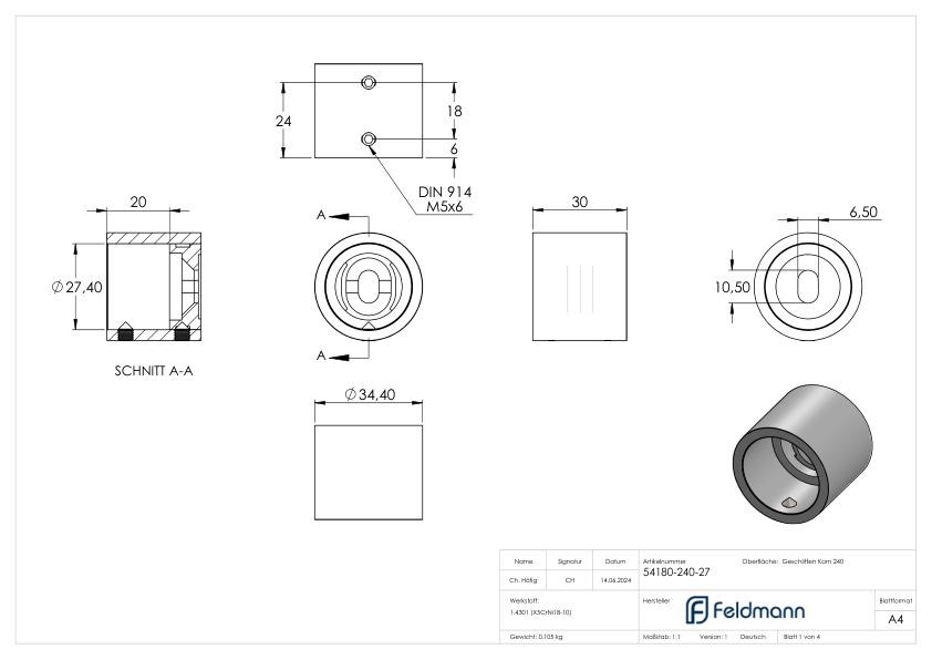Wandbefestigung für Rohr 26,9mm, V2A