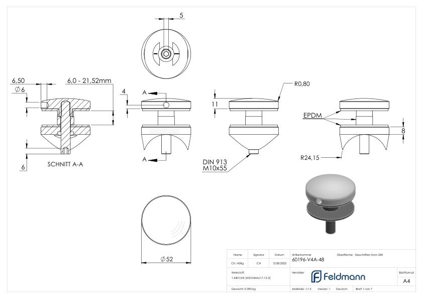 Glaspunkthalter 52mm, Anschluss: 48,3mm, V4A