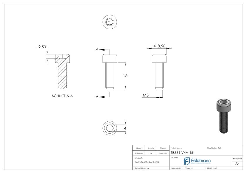 Zylinderkopfschraube M5 x 16, A4, DIN 912 Zylinderkopfschraube M5 x 16, A4, DIN 912