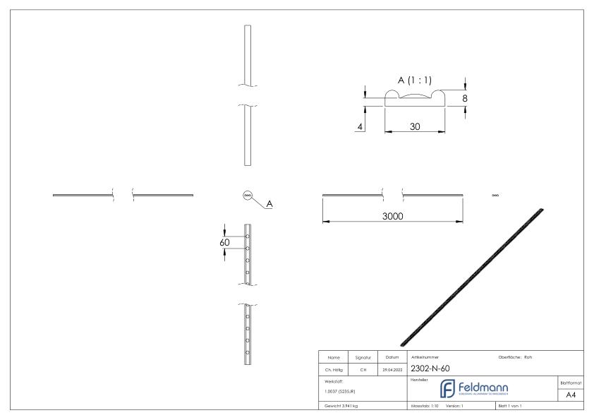 Hespeneisen S235JR, 30x8x4mm, L: 3000mm