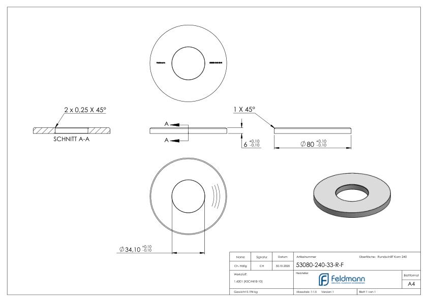 Ankerplatte Ø 80x6mm, mit Rundschliff und Fase, V2A