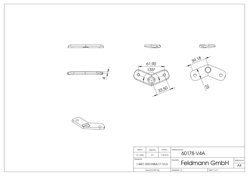 Handlaufanschlussplatte 135°, 42,4mm, V4A