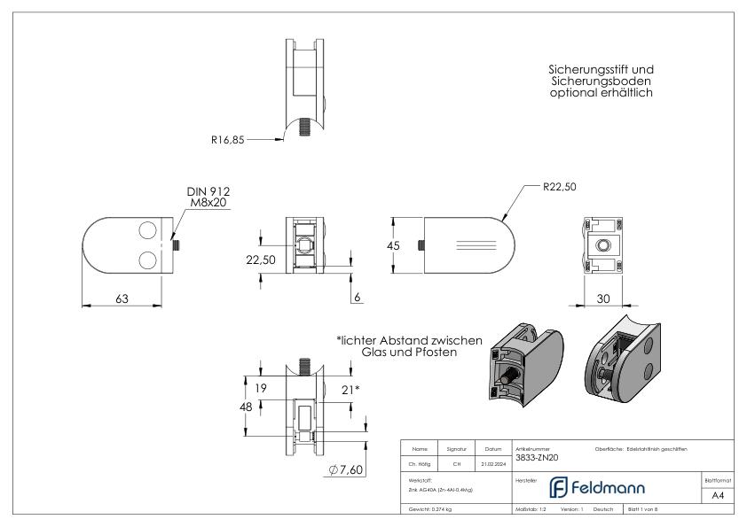 Glasklemme Mod. 38, Anschluss: 33,7mm, VA-Effekt Glasklemme Mod. 38, Anschluss: 33,7mm, VA-Effekt