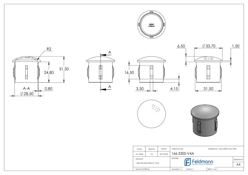 Rohrabschlussstopfen, für Rohr 33,7x2,0 - 2,5mm, V4A