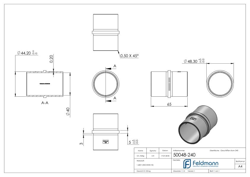 Verbindungsstück für Rohr 48,3x2,0mm, V2A