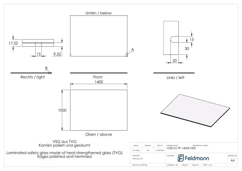 Eleganza canopy Glas: 1400x1000mm VSG aus 2x8mm TVG mit 1,52mm PVB