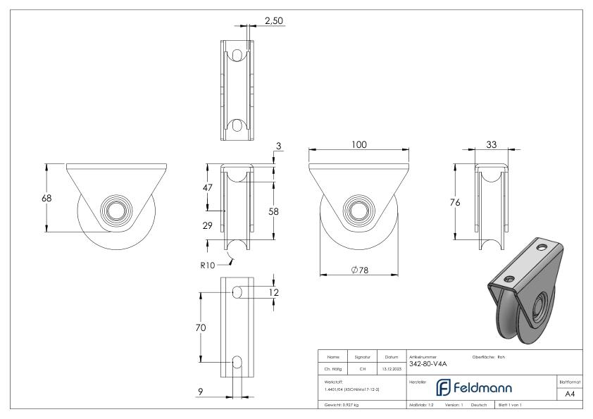 Schiebetorrolle Ø 80mm mit Rundrille Ø 20mm, V4A Schiebetorrolle Ø 80mm mit Rundrille Ø 20mm, V4A