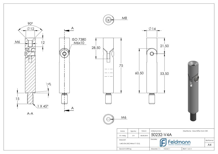 Gelenkstift Ø 14mm, L: 76mm, V4A Gelenkstift Ø 14mm, L: 76mm, V4A