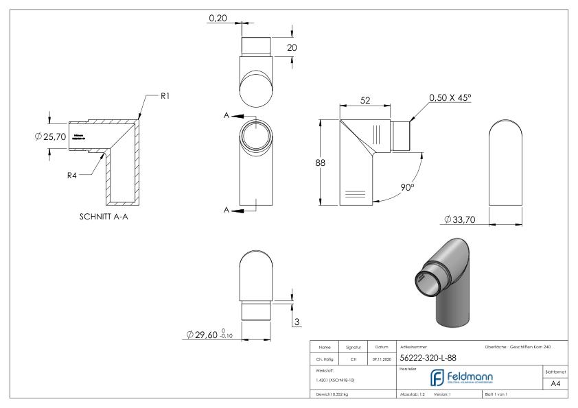 Endbogen 90°, für Rohr 33,7x2,0mm, V2A