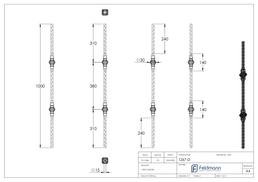 Zierstab 15x15mm, gehämmert, H: 1000mm