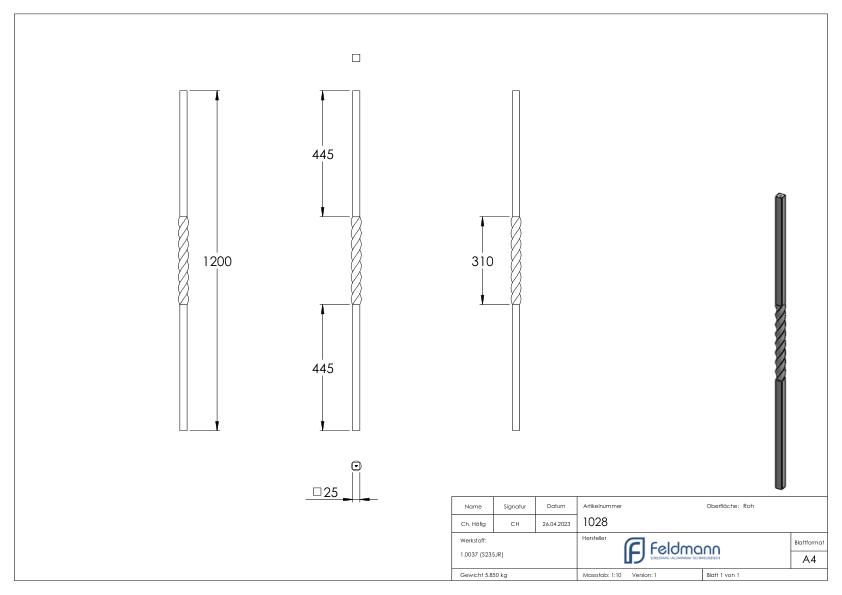 Anfangsstab 25x25mm, gedreht, L=1,2m