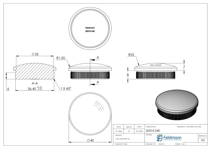 Rohrabschlussstopfen, für Rohr 40,0x2,0mm, V2A