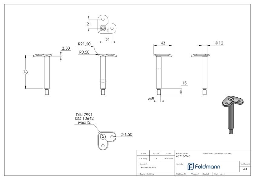 Stift Ø 12mm mit 90° Handlaufanschlussplatte für Rohr 42,4mm, V2A