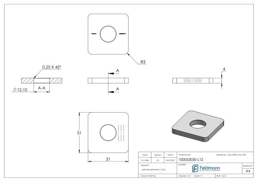 Einsteckkappe für Quadratrohr 30x30 mit Bohrung, V4A
