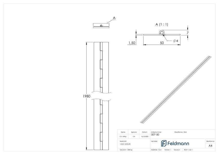 Langes Scharnier zum Anschweißen, 50 x 1,5 x 1980mm, roh