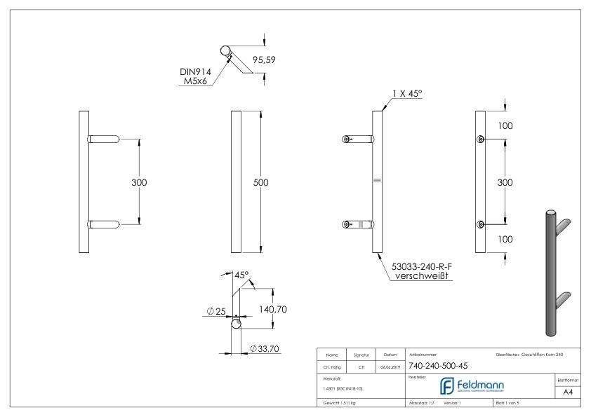 Stoßgriff inkl. Halter mit 45° Schräge 45° mit L: 500mm, V2A Stoßgriff inkl. Halter mit 45° Schräge 45° mit L: 500mm, V2A