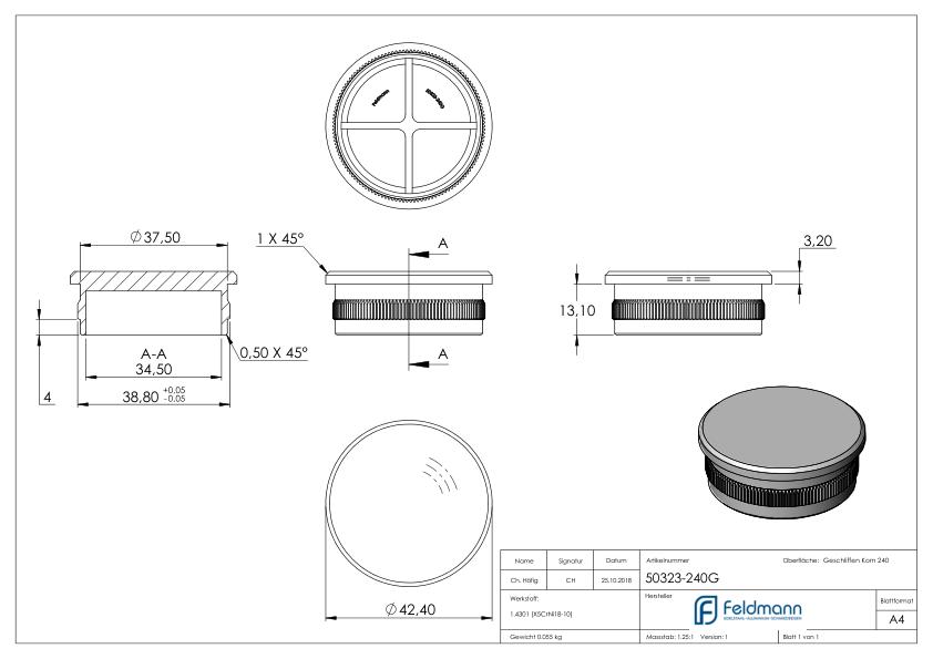 Rohrabschlussstopfen, für Rohr 42,4x2,0mm, V2A