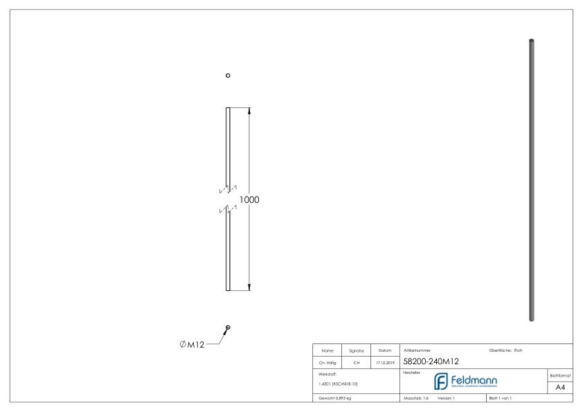 Gewindestange V2A L:1m, M12 Rechtsgewinde