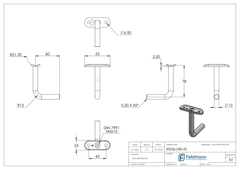 Bügel Ø 12mm mit Handlaufanschlussplatte 42,4mm, V2A