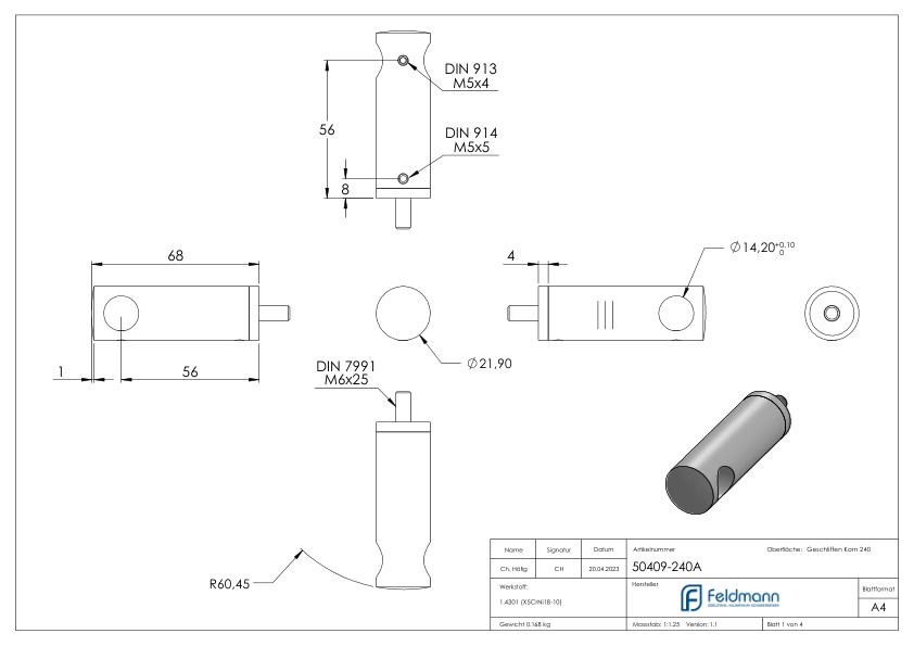 Querstabhalter verlängert, mit Durchgangsbohrung für geraden Anschluss, 14,2mm Bohrung, V2A