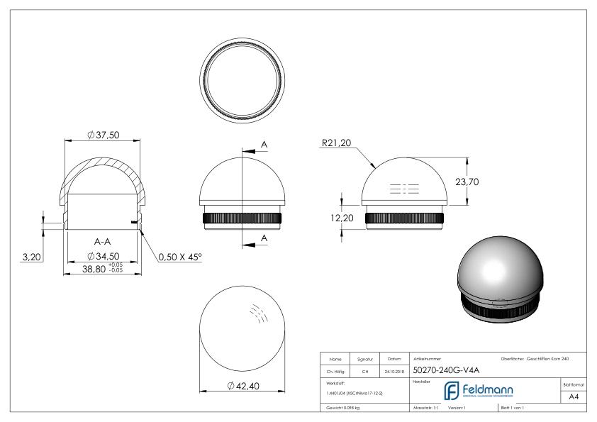 Rohrabschlussstopfen, für Rohr 42,4x2,0mm, V4A