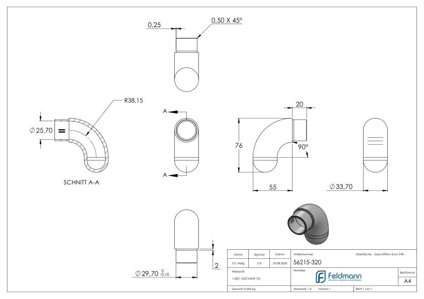 Endbogen 90° halbrund, für Rohr 33,7x2,0mm, V2A