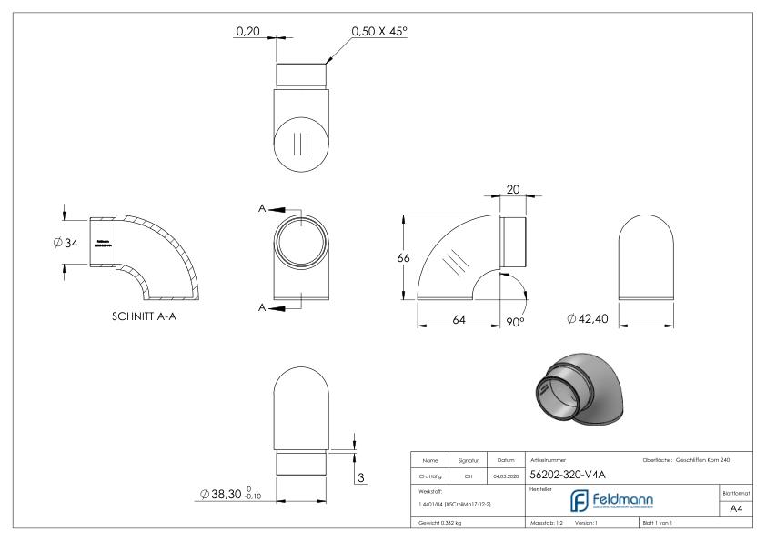 Endbogen 90° flach, für Rohr 42,4x2,0mm, V4A