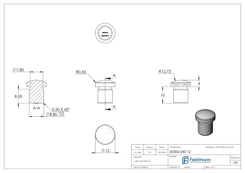 Rohrabschlussstopfen, für Rohr 12,0x1,5mm, V2A