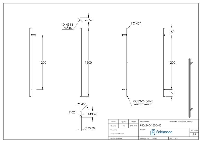 Stoßgriff inkl. Halter mit 45° Schräge 45° mit L: 1500mm, V2A Stoßgriff inkl. Halter mit 45° Schräge 45° mit L: 1500mm, V2A